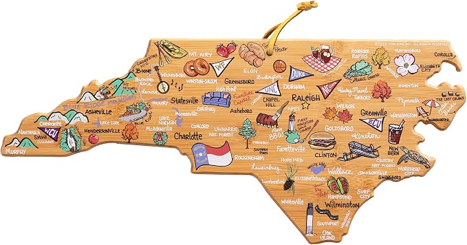 Totally Bamboo North Carolina State Shaped Cutting Board, Art by Fish Kiss | State charcuterie board with colorful hand-drawn map artwork. Smooth reverse side for food prep. Hang tie for wall display.