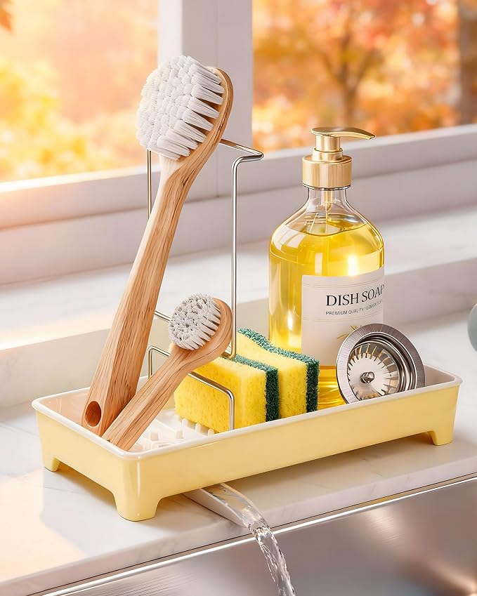 Minimalist Sink Caddy, Rustproof Sponge Holder for Kitchen Sink Yellow | Large Rustproof countertop organizer with 304 stainless steel brush holder, raised ridges and silicone drain tube