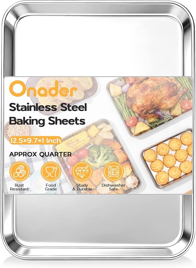Onader 12.5" x 9.7" Inch Baking Sheet, Stainless Steel Quarter Sheet Pan for Baking & Roasting, Metal Cookie Toaster Oven Pan Tray, Mirror Finish & Dishwasher Safe, 1-Pack