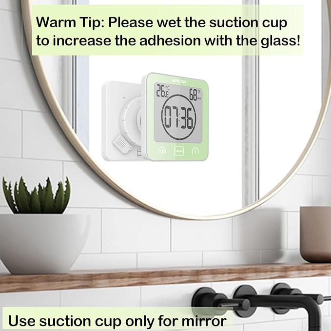 Waterproof Bathroom Wall Clock and Timer, Digital Water Resistant Hanging Timer for Shower, Large Display Kitchen Cooking Countdown Timers, Mirror Suction Clock with Temperature Humidity Meter (Green)