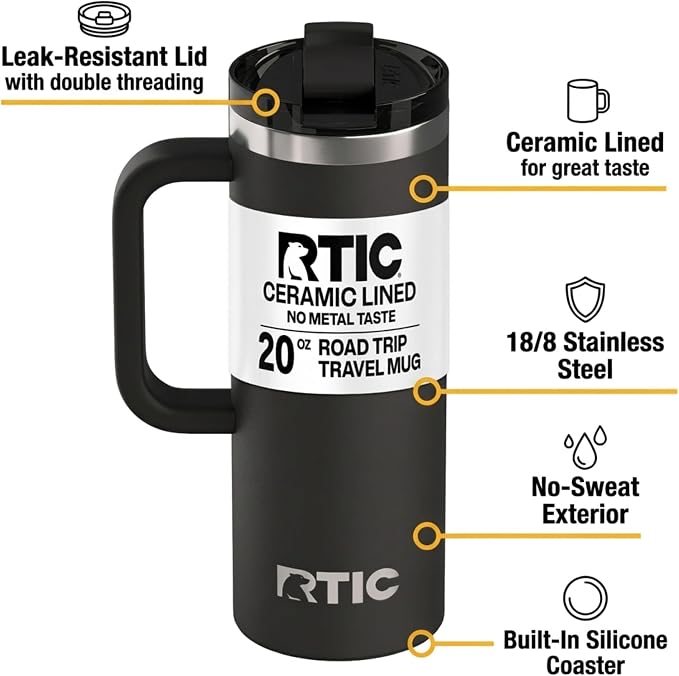 RTIC 20oz Road Trip Travel Mug with Lid and Handle, Ceramic Lined, Insulated, Stainless Steel, Metal, Double Wall Vacuum-Insulation, Portable Coffee, Tea Cup for Hot and Cold Drink, Midnight