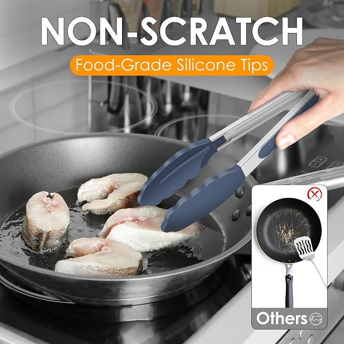 HOTEC Premium Stainless Steel Locking Kitchen Tongs with Silicon Tips, Set of 3-7", 9" and 12" (Neutral)