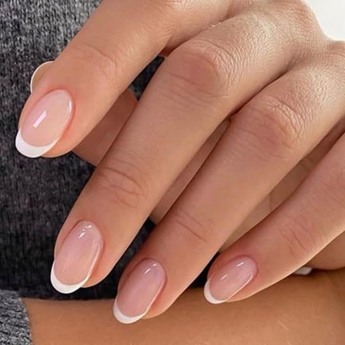 modelones French Tip Press On Nails, Short Oval Fake Nails Nails Press Ons | with Nail Glue, Adhesive Tabs, Nail File, Prep Pad, Manicure Stick, 32Pcs 16 Sizes, Nude, Summer Women Girl Gift