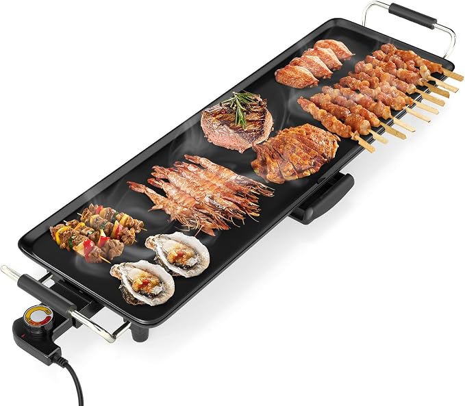 LDAILY Extra Large Nonstick Electric Griddle, Teppanyaki Grill BBQ W/ 4 Adjustable Temperature, Even Heating & Handles, Long Table Top Pancake Griddle Grill for Indoor & Outdoor Party, Camping（27’’）