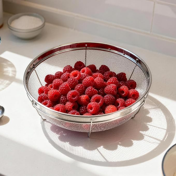 Fine Mesh Strainer for Kitchen, Stainless Steel Colander Bowl for Pasta, Rice, Fruit, Metal Net Baskets with Resting Base - Strain, Drain, Rinse (Diameter 8.67 inch)