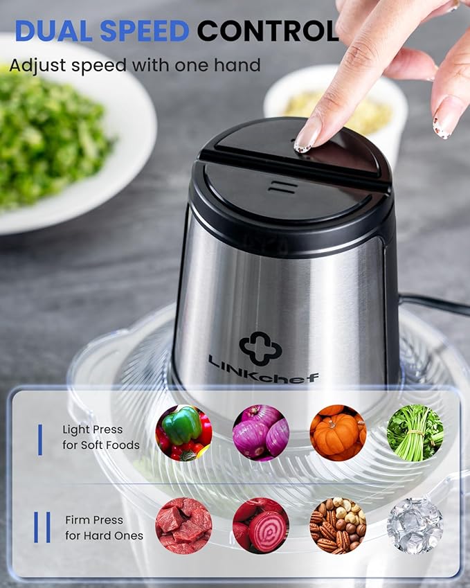 LINKChef Food Processor, 6 Cup Mini Food Chopper, 250W Electric Meat Grinder with Stainless Steel Blades, 1.5L Compact Kitchen Processor for Meat, Vegetables, Onion, Garlic & Baby Food