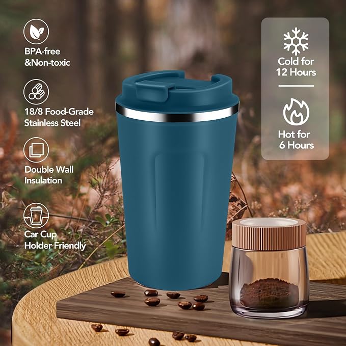 Volhoply 12 oz Double Wall Insulated Vacuum Travel Coffee Mug with Flip Lid Bulk 2 Pack,Reusable Stainless Steel Leak Proof Coffee Cup,Portable Thermal Tumbler for Cold&Hot Drinks(Assort Color,2 Set)