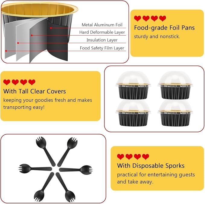 LNYZQUS 5oz Cupcake Pans with Dome Lids 100 Pack, Foil Dot Cake Cups | Mini Cake Tins, Cupcake Containers, Disposable Ramekins, for Baking and Packaging, for Bake Sale, Round Black