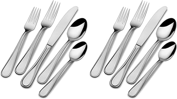 Mikasa Bravo 65-Piece Flatware Set, Service for 12, 18/10 Stainless Steel Silverware with Mirror Finish, Includes 5 Serving Utensils, Dishwasher Safe (Pack of 2)