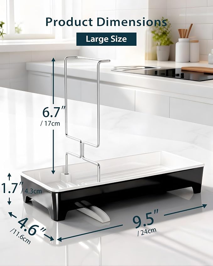 Minimalist Sink Caddy, Rustproof Sponge Holder for Kitchen Sink Black | Large Rustproof countertop organizer with 304 stainless steel brush holder, raised ridges and silicone drain tube