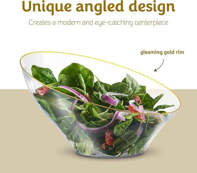 PLASTICPRO Angled Plastic Bowls Disposable Large Plastic Clear Serving Bowls with Gold Rim for Party for Appetizer Salads Pack of 4