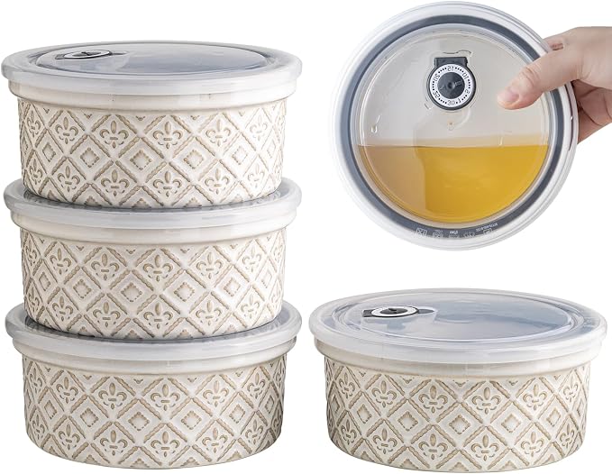 40 Oz Ramekins Ceramic Airtight Bowls Set of 4 - Large Mixing Bowls with Lids Set for Salad, Pho, Soup, Pasta, Dessert, Serving, Oatmeal, Baking Dishes, Dishwasher & Microwave Safe, Beige