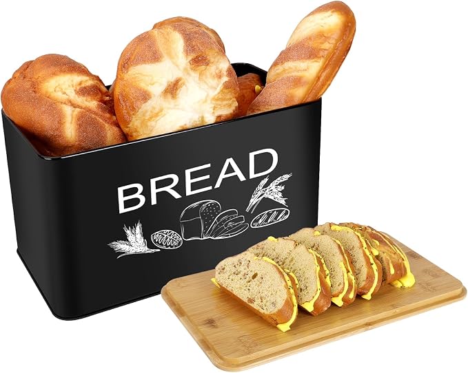 JIGUOOR Black Bread Box, Extra Large Space Saving Vertical Metal Bread Box | with Wooden Cutting Board Lid, Holds 3 Loaves, Farmhouse Kitchen Bread Storage, Kitchen Parts Box 12.99" x 7.08" x 7.08"