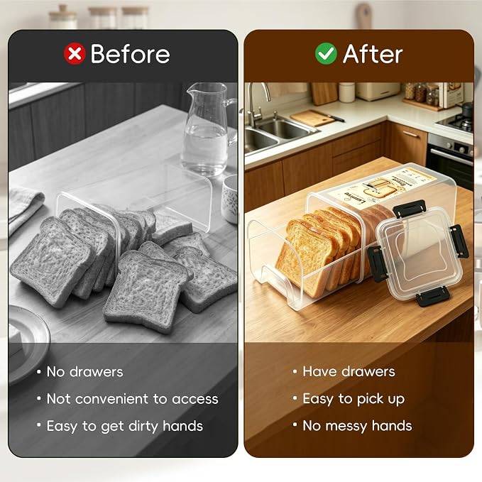 Plastic Bread Box Container with Pull Out Tray for Kitchen 1 Pack | Homemade Loaves and Baked Goods Breads Storage with Airtight Lid BPA Free