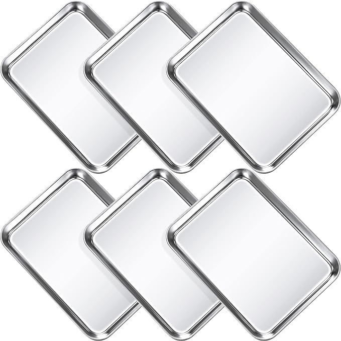 Potchen 6 Pcs Baking Sheet Pan Set Stainless Steel Cookie Sheet Small Toaster Oven Pans Tray Barbecue Grill Pan Rectangle Trays Oven Freezer Bakery, Non-stick, Easy Clean, 9 x 6.7 x 1 Inches