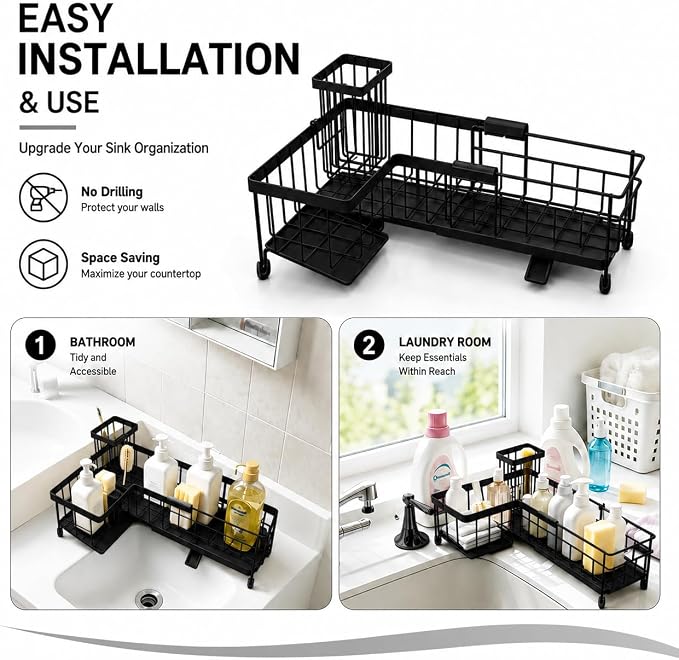Extendable Corner Sink Sponge Holder, Quick-Drain Caddy for Kitchen Sink, Black