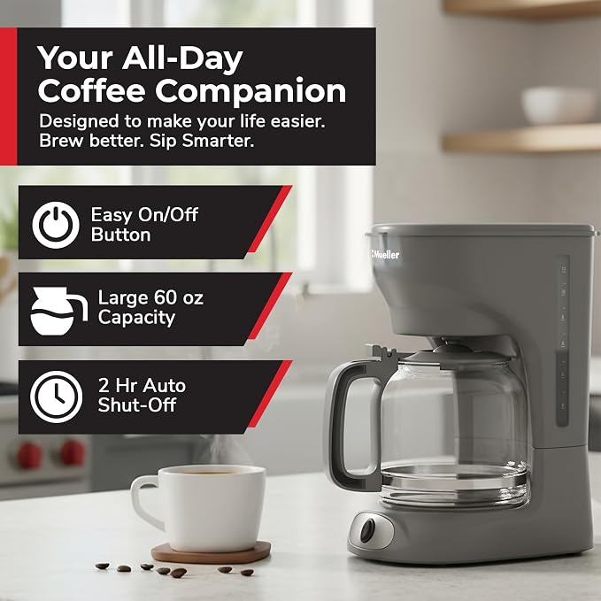 MUELLER HOME 12-Cup Drip Coffee Maker, Gray | Borosilicate Carafe, Auto-Off, Reusable Filter, Anti-Drip, Keep-Warm Function