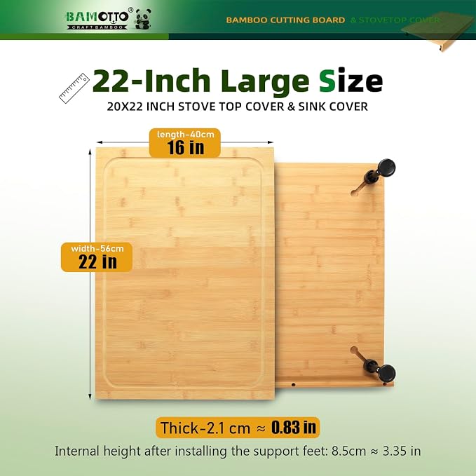 BAMOTTO CRAFTBAMBOO 16 x 22 Inch Bamboo Cutting Board — Stovetop Cover, Over the Sink Board with Detachable Legs & Non-Slip Lip, Juice Groove, Kitchen Countertop Extender for Apartment, RV