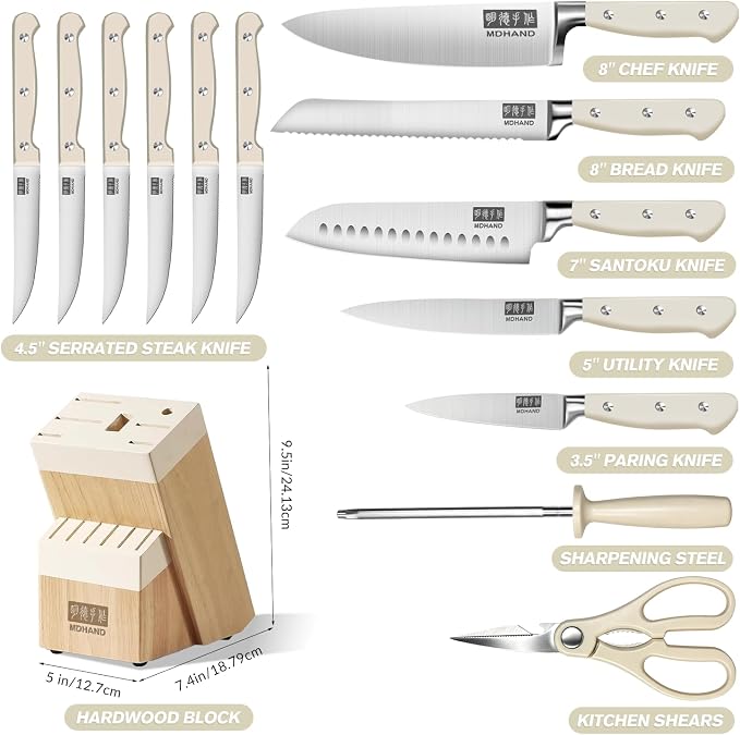 Knife Set with Block, Kitchen Knife Set with Block and Sharpener | High Carbon Stainless Steel 14 Pieces Kitchen Knives Sets, Anti-Slip Ergonomic Handle, Home Kitchen Cooking, Dishwasher Safe