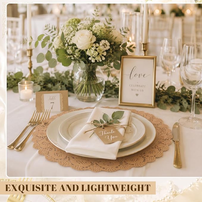 Gueevin 200 Pcs Paper Placemats Disposable Lace Round Paper Placemats Decorative Disposable Placemat Doilies for Dining Wedding Table Decoration Festive Party Birthday Holiday (Kraft,12 Inch)