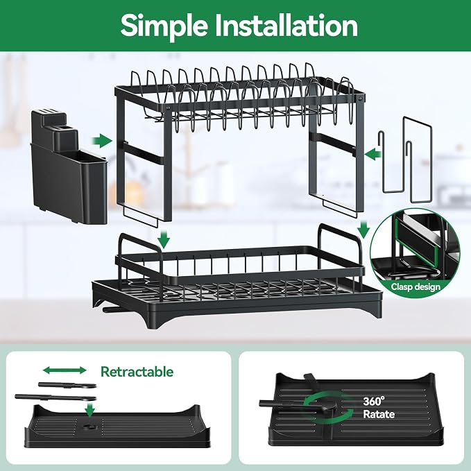 2-Tier Dish Drying Rack with Drainboard, Sink & Countertop Metal Dish Rack Organizer, Dish Drainers for Kitchen Counter, Black