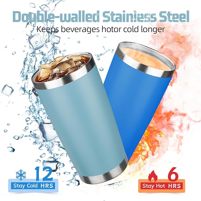 20 oz Tumbler with Lids and Straws, Stainless Steel Insulated Travel Coffee Mug, Double Wall Vacuum Insulated Tumblers, Powder Coated Coffee Tumbler for Cold & Hot Drinks (Azure Blue)