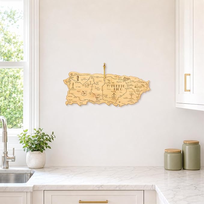 Totally Bamboo Destination Puerto Rico Cutting Board with Engraved Map Art | Puerto Rico shaped charcuterie board with engraved map art. Smooth back for food prep. Hang tie for wall display.