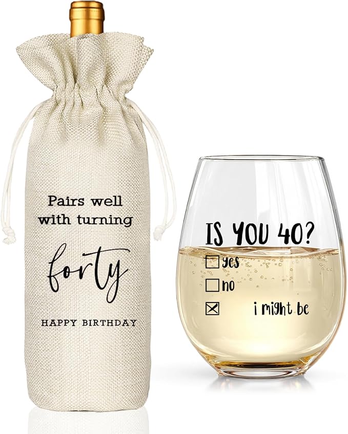 Funny 40th Birthday Gifts for Women Men- 40th Birthday Wine Glass & Wine Bag Gift Ideas for Wife, Husband, Mom, Dad, Sister, Aunt, Coworkers,40Year Party Supplies Decor for Him Her (Clear-40)
