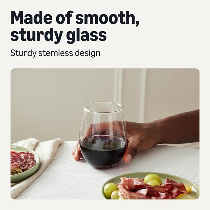 Amazon Basics Stemless Red Wine Glasses, 18 oz., Dishwasher-Safe, 4-Piece Set