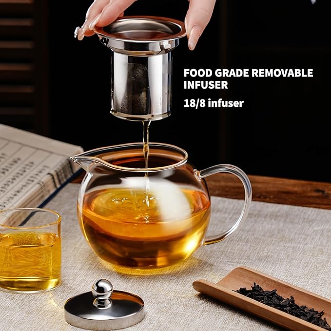 PARACITY Glass Teapot Stovetop 22 OZ/650ml, Tea pot with Removable 18/8 Stainless Steel Infuser, Borosilicate Clear Tea Kettle, Teapot Blooming and Loose Leaf Tea Maker Tea Brewer for Camping, Travel | Clear small tea kettle with infuser and tea pot wi...
