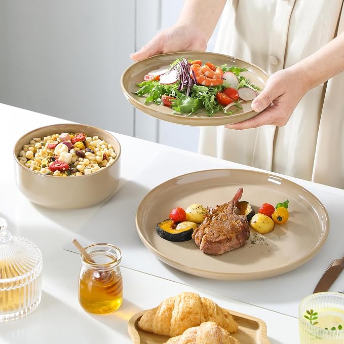vancasso PLAYA Plates and Bowls Sets,12 Pieces Brown Dinnerware Sets for Kitchen, Reactive Glaze Dishes Set for 4, Dishwasher and Microwave Safe