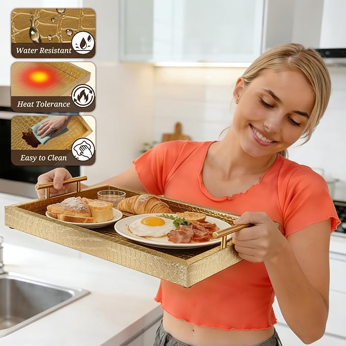 SXNOWS Faux Leather Serving Tray with Gold Handles, Glossy Gold | 17x12 in Rectangle Decorative Tray, Perfect for Ottoman Coffee Table Kitchen Bar, Stylish Gift for Home Decor