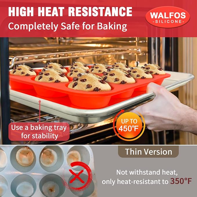 Walfos Muffin Pan Set - 12 Cups Regular Silicone Cupcake Pan, Non-stick and BPA Free, Great for Making Muffin Cakes, Tart, Fat Bombs - Dishwasher Safe, 2-Piece