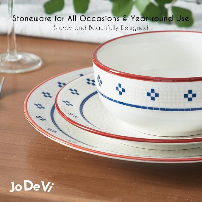 Dinnerware Sets for 8, 24-Piece Stoneware Plates and Bowls Sets for 8 Everyday Dishware Sets for 8, Microwave Safe, Scratch-resistant, Vintage Geometric Design, Service for 8
