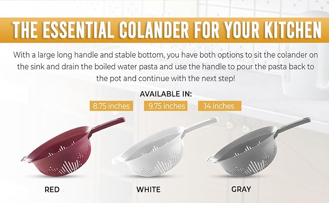 YBM Home 9.75 Inch Plastic Strainer Colander with Long Handle – Made of Food Safe BPA-Free Plastic - Use for Pasta, Noodles, Spaghetti, Vegetables and More 31-1130-gray (1, Gray)
