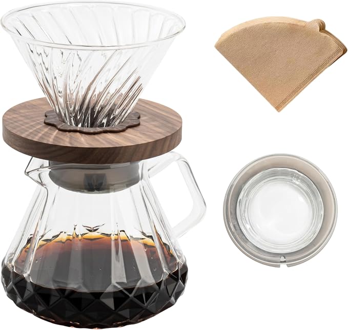 Pour Over Coffee Maker 24 oz/700 ml, Pour Over Coffee Dripper with 40 Filters, Borosilicate Glass Carafe, Walnut Handle, Lid, Clear, For Home Café Camping (24 OZ/700 ML)