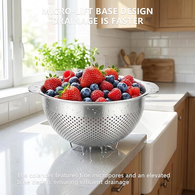 Stainless Steel Colander for Kitchen with Handle for Pasta (5QT) | Fine mesh. Dishwasher safe. Great for straining spaghetti, vegetables, fruit, noodles, eggs & rice