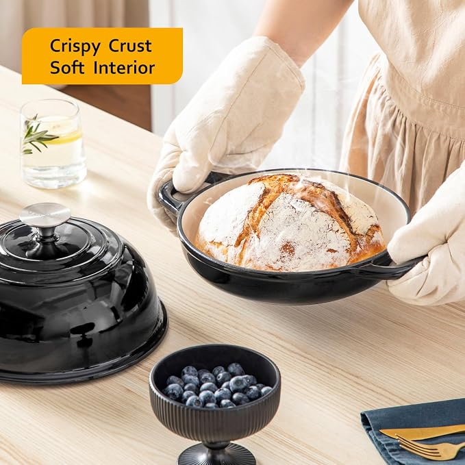 Velaze 5 QT Enameled Cast Iron Dutch Oven for Bread Baking with Dome Lid | Traps Steam for Crispy Artisan Sourdough Bread,Oven Safe,Ergonomic Handles,Gift for Bakers and Bakery Style Loaves,Black