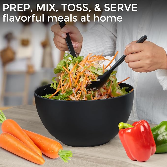 10" Large Salad Serving Bowl with Utensils in Lid, Bamboo Fiber Salad Bowl with Lid, Mixing Bowl with Servers set for Pasta,Fruit,Veggies,Popcorn to Replace Wooden Bowls - Matte Black