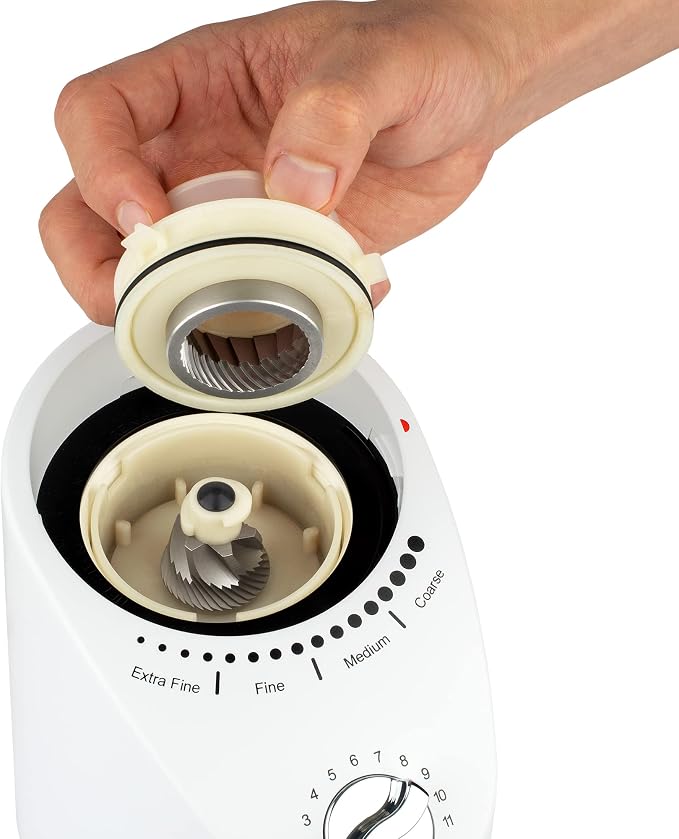 Capresso Infinity Plus Conical Burr Grinder, White | Commercial-grade steel burrs, 16 settings, low-speed gear motor
