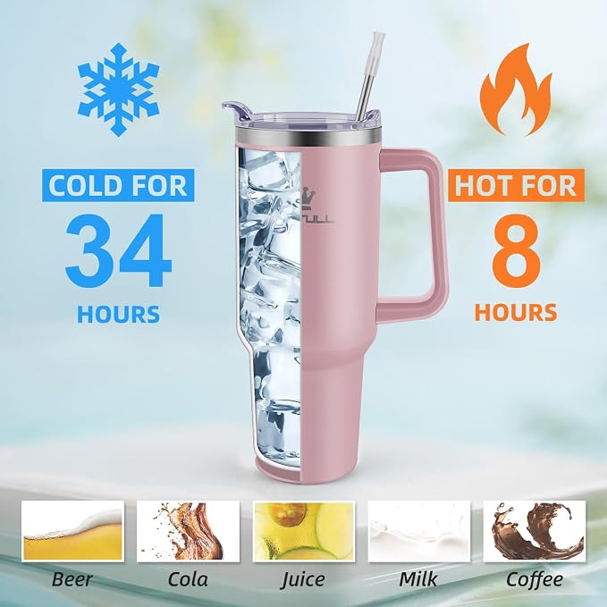 Soufull 40 oz Tumbler with Handle and Straw Lid, 100% Leak-proof, Pink | Stainless Steel Insulated Travel Coffee Cup, Keeps Cold 34Hrs or Hot 10Hrs, Dishwasher Safe