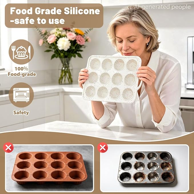 Silicone Mini Muffin Pan Set: 12 & 24 Small Cupcake Baking Pan with Frame | Easy Release - Complete Shaping Each Use Avoid Re-baking - BPA-free Muffin Trays Reinforced Frame for Oven Home Bakers Vnray