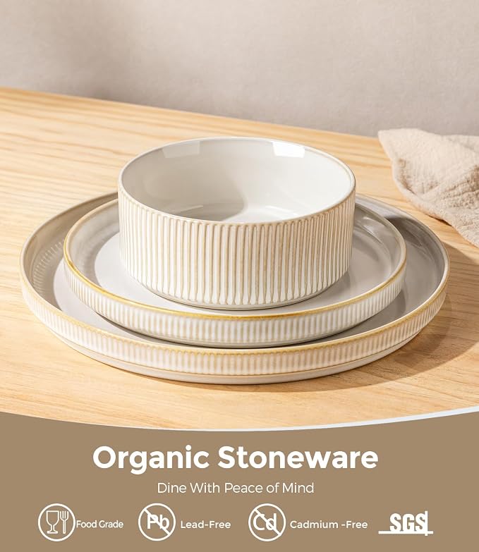 GBHOME Stoneware Dinnerware Sets for 4, 12 Pieces Plates and Bowls Set | Lightweight Ceramic Ribbed Dishes,Reactive Glaze Stackable Plate Set,Scratch Resistant,Microwave Dishwasher Safe,VanillaLatte