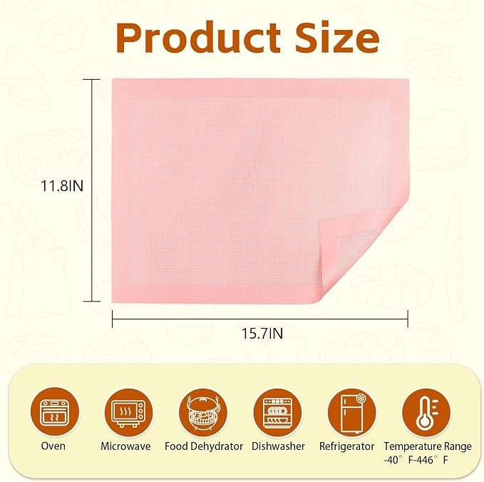 2PCS 15.7"x11.8" Perforated Baking Mats, Silicone Half Sheet Pan Pink | Hollow Out Reusable Oven Liners Heat Resistant Non-Stick Mat for Making Cookie/Bread/Pizza/Macaron/Pastry/Eclair