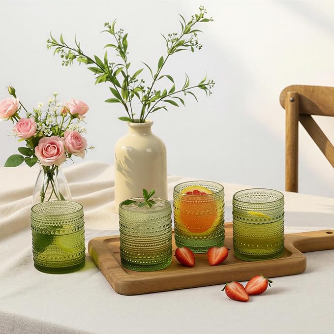Moretoes 10oz Green Hobnail Drinking Glasses Set of 6 Cocktail Glasses | Vintage Old Fashion Glassware, Textured Glass Cups Bubble Glasses Water Glasses Jupiter Glasses Set