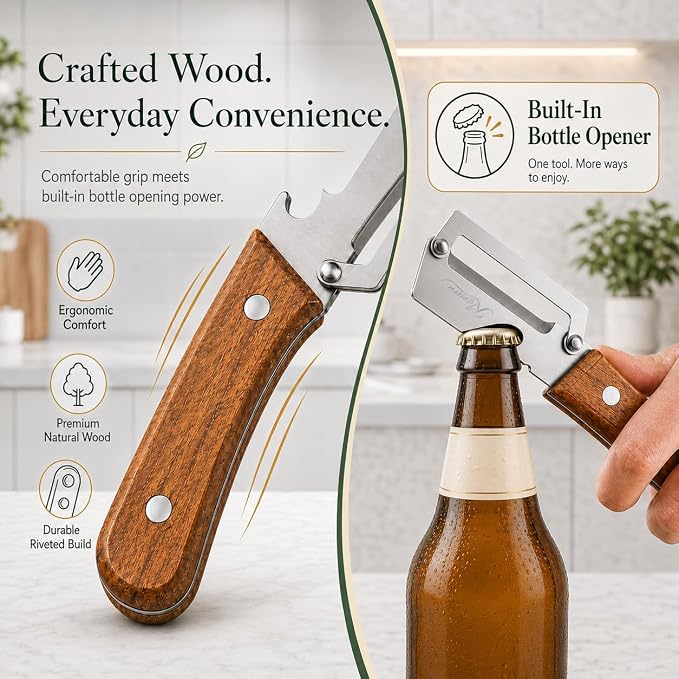 3-in-1 Vegetable Peeler with Bottle Opener, Wooden Handle | Peels, slices, and shreds fruits and vegetables with a stainless steel blade, wooden handle, and built-in bottle opener