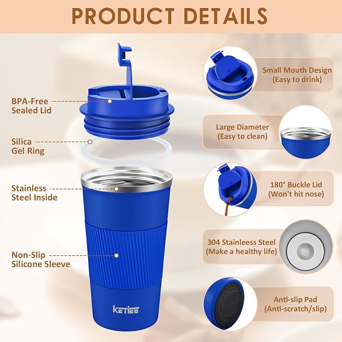KETIEE Travel Coffee Mug 12oz: Insulated Travel Mug with Leakproof Lid, Reusable Coffee Cups with Seal Lid, Vacuum Stainless Steel Tumbler to Go for Hot/Ice Drinks (Blue) | Reusable Coffee Cups with Seal Lid, Vacuum Stainless Steel Tumbler to Go for Ho...