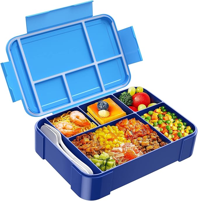 Bento Lunch Box for Kids - 1450ml Leakproof Kids Bento Box 6 Compartments Toddler Lunch boxes with Silverware for Back to School, Reusable LunchBox Snack Container for Daycare