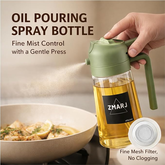 Oil Sprayer for Cooking and Pourer Olive Oil Dispenser For kitchen-Spray Bottle with Fine Mist Oil Sprayer & Controlled Pour Spout For Frying,Salads,BBQ 16oz/470ml Glass Bottle(Green)