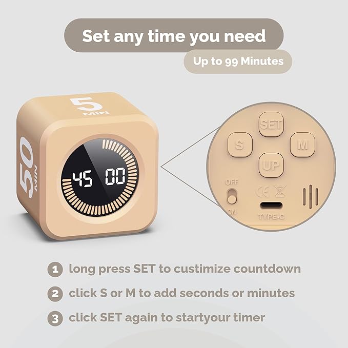 KADAMS Timer Pomodoro - Productivity Pomodoro Cube, 5/10/25/50 Min Countdown & Countup, Silent – for Work Study Workout Kitchen School Classroom Office ADHD Gift Kids (1, Light Mocha)
